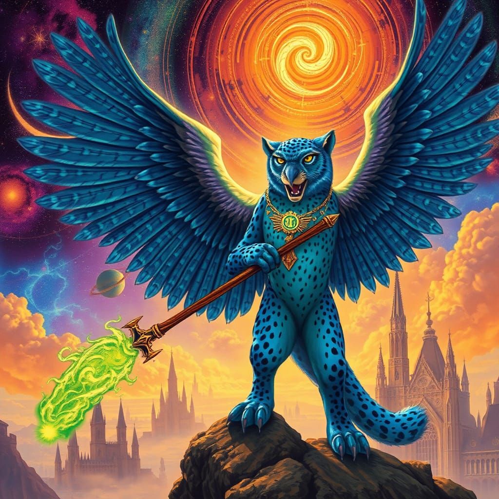 Surreal Time Shaman Offers Green Fire in Cosmic Dreamscape