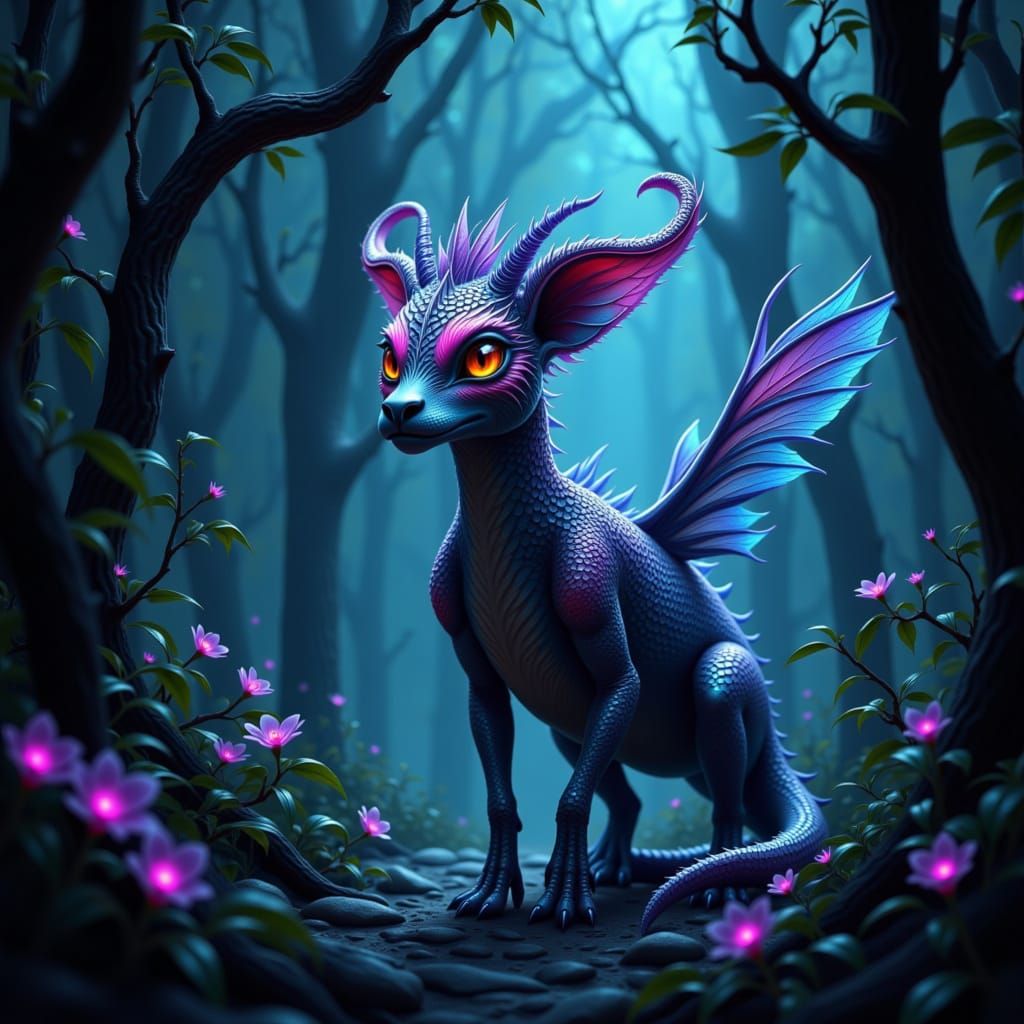 Fantastical Creature in Bioluminescent Forest Digital Painti...