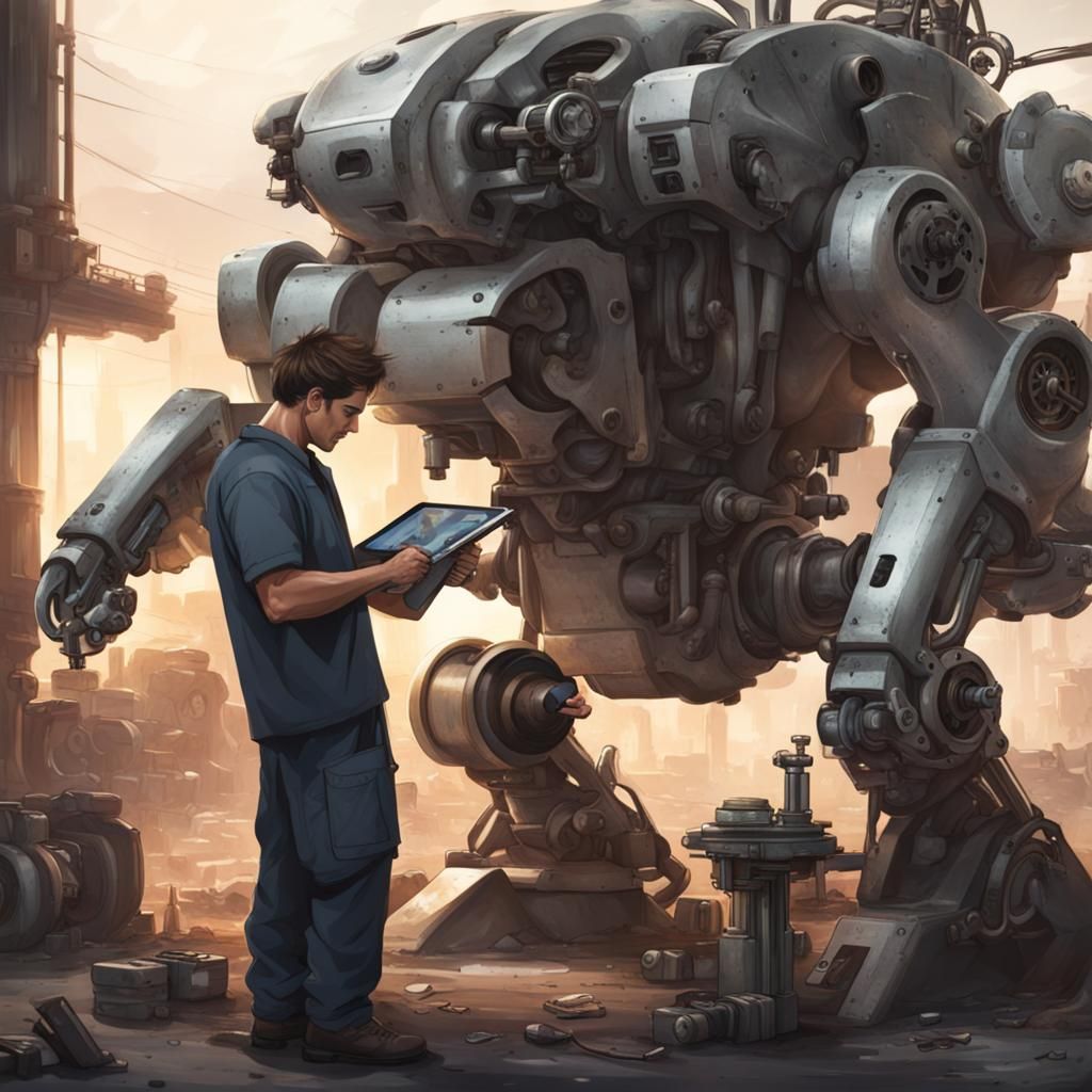 Mechanic Repairing Mech: Digital Illustration