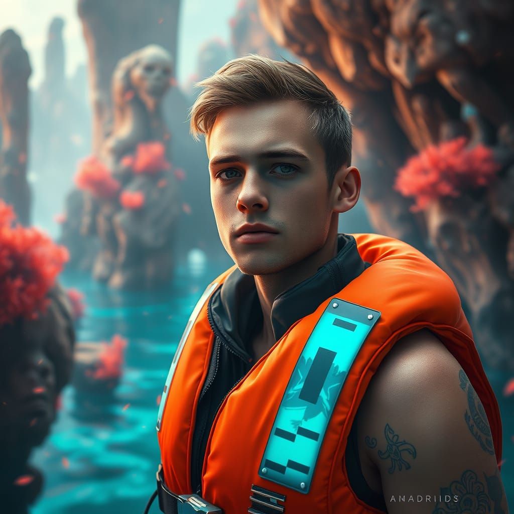 Surreal Gay Hero in Vibrant Orange Life Vest