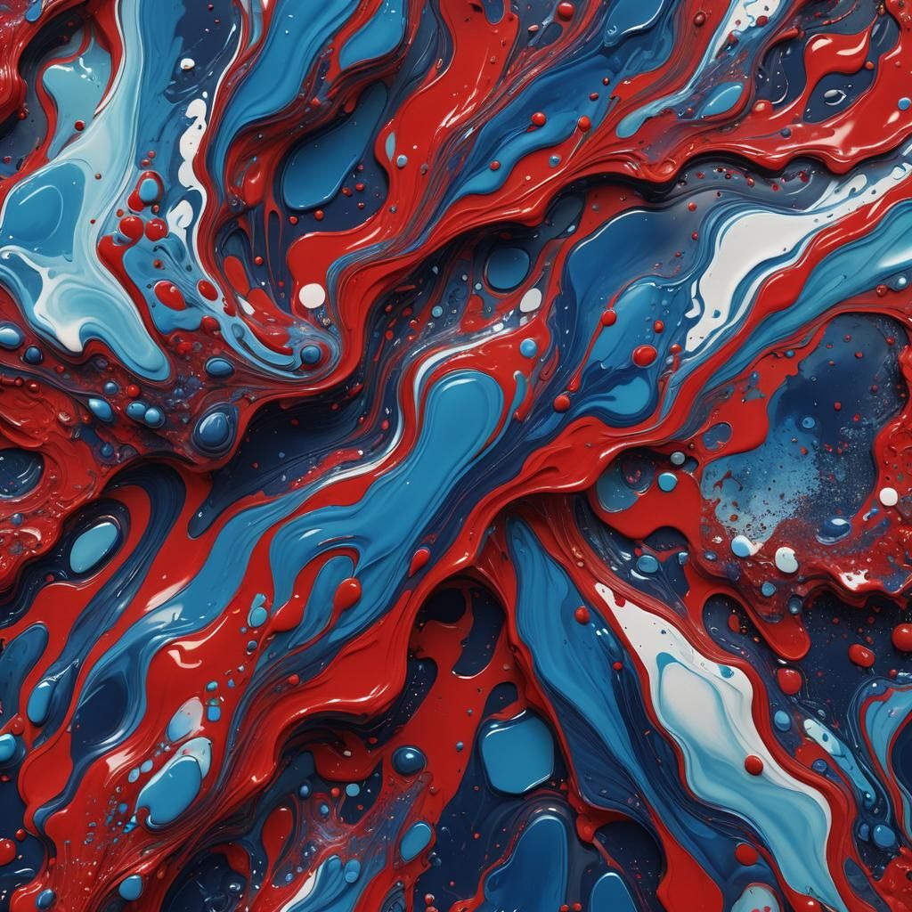 Abstract Fluid Acrylic Painting in Red and Blue