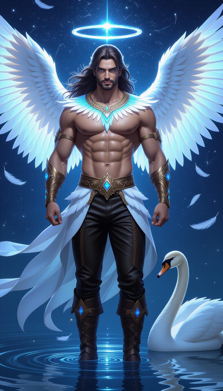 Celestial Warrior Devbir With Swan Wings In Cosmic Art Style