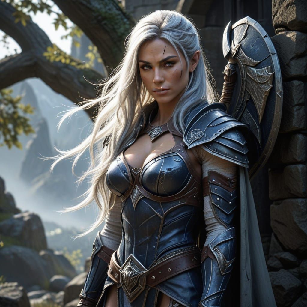 Female Bodybuilder Warrior in Ornate Armor Stands Before Orc...