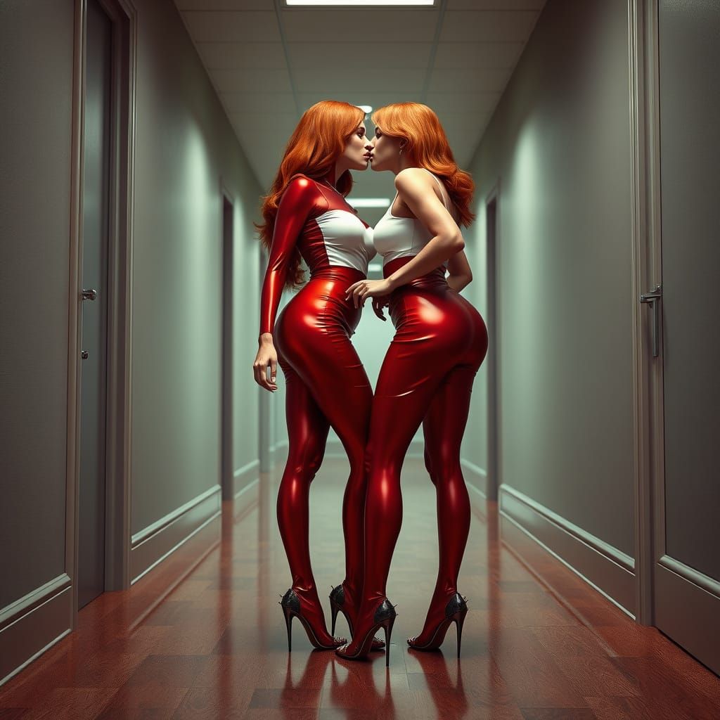 Sultry Redhead Women in Metallic Latex, High Heels, and Whit...