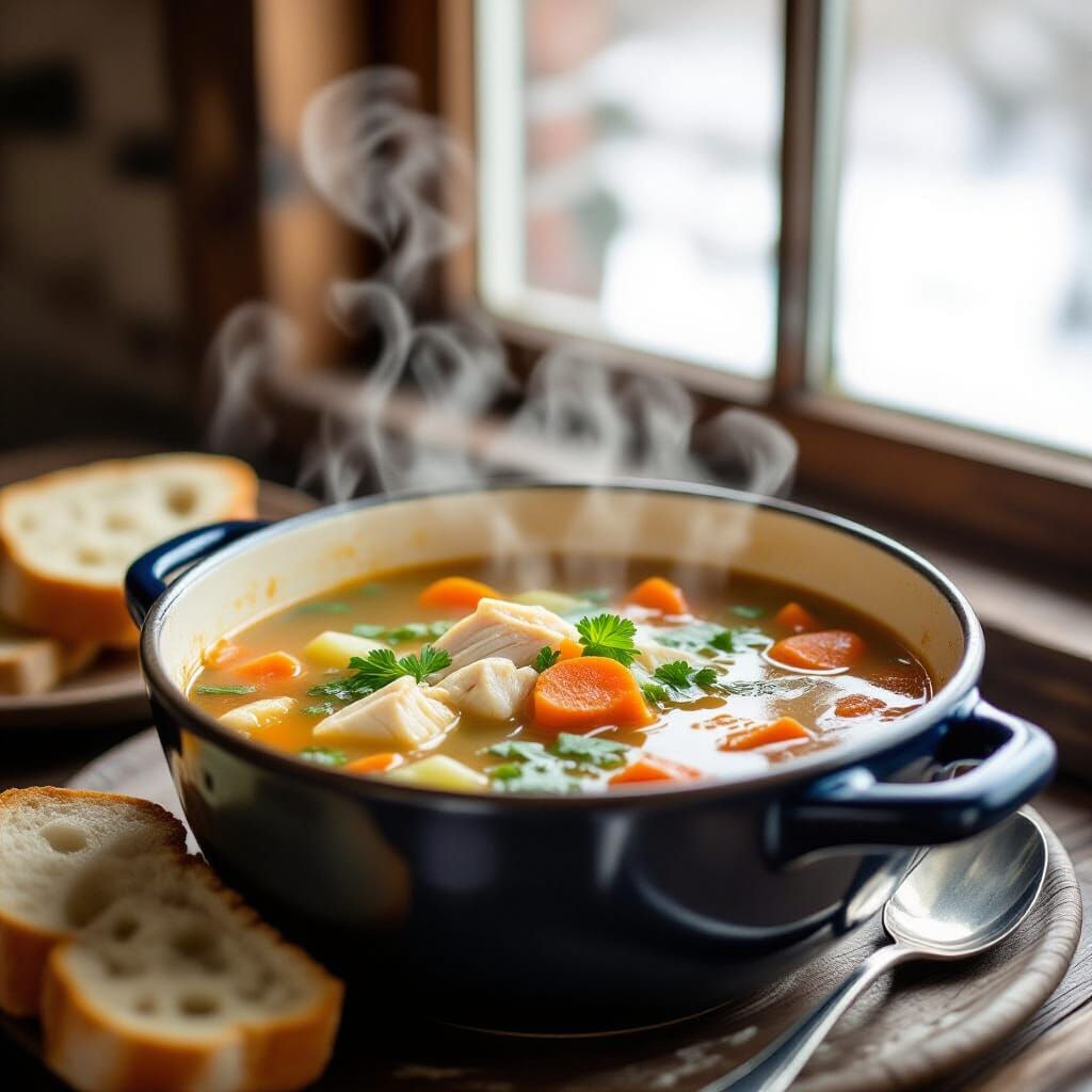 Steaming Fish Soup with Crusty Bread in Natural Light