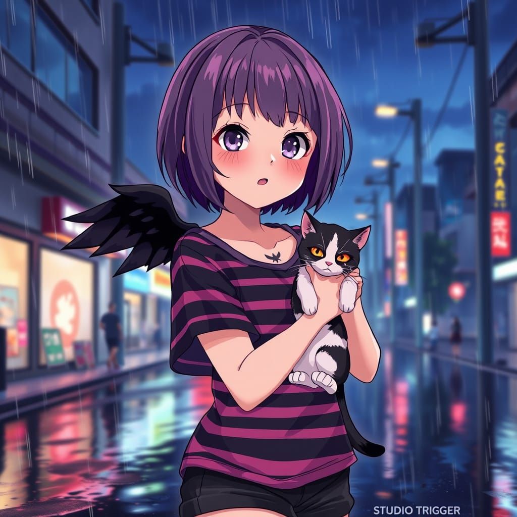 Young Emo Woman with Wings and Cat in Cel-Shaded Anime Style