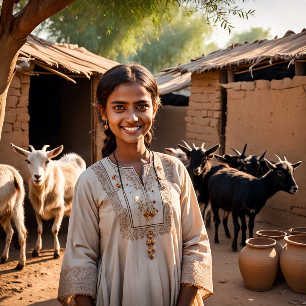 Local Multan Girl in Traditional Cultural Dress Under Tree S...
