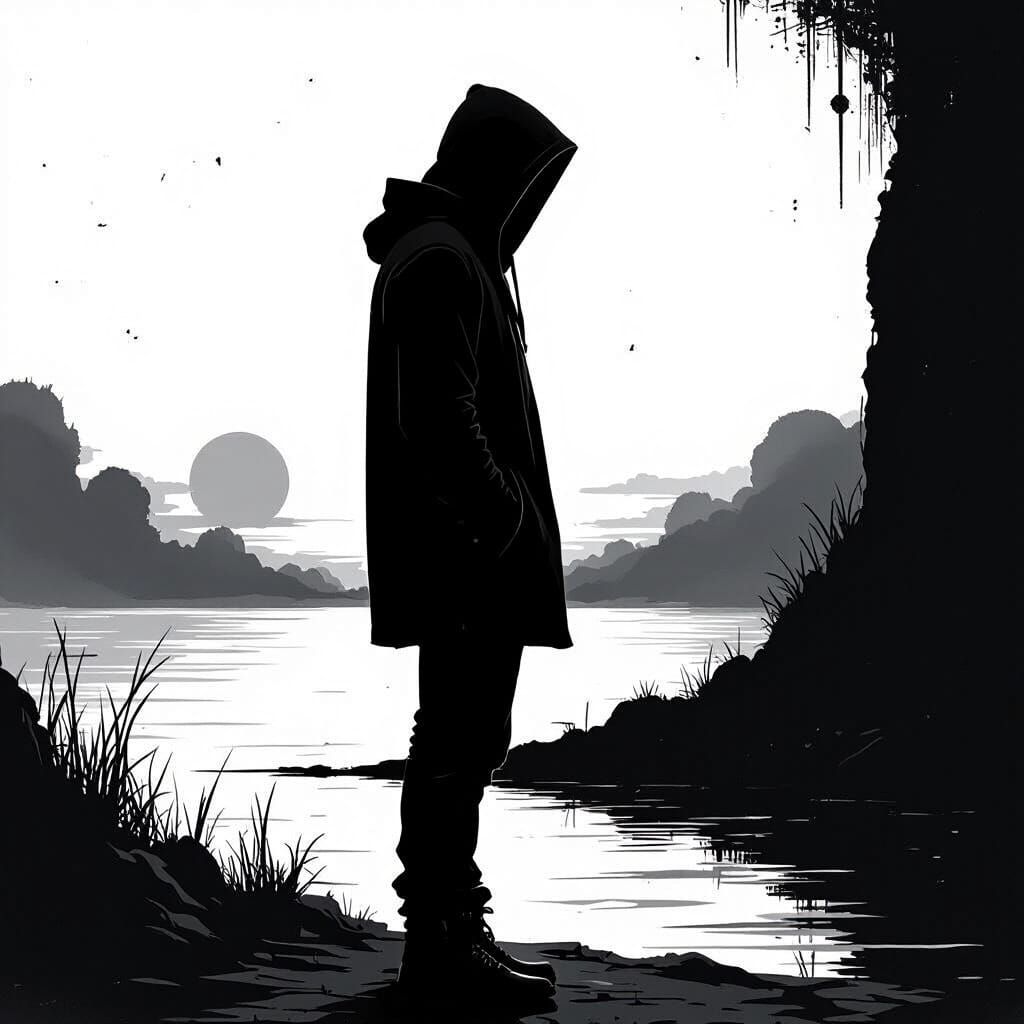 Noir Silhouette: Man Contemplates Sunset