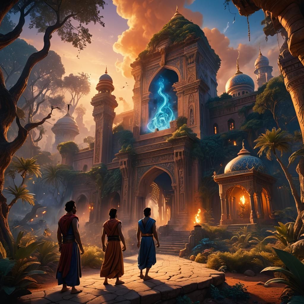 Aladdin and the Genie in Middle Eastern Forest