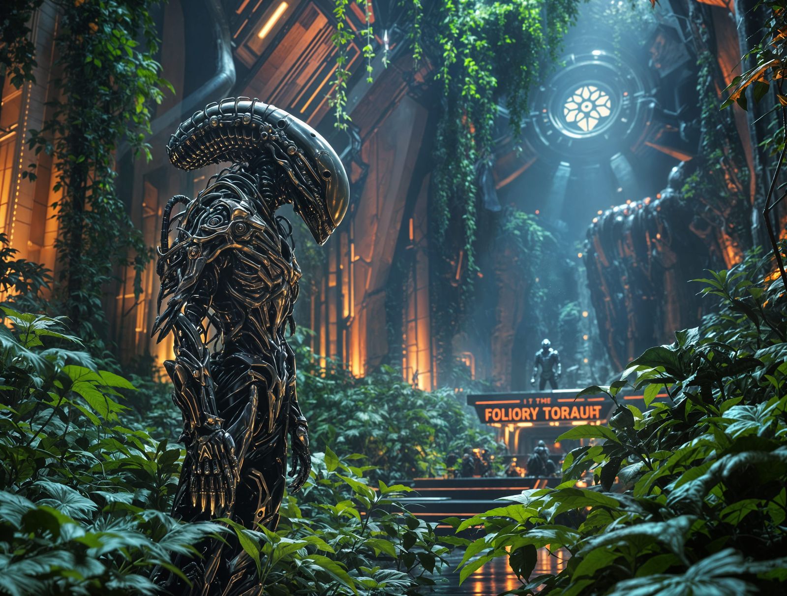 Xenomorphic Ambassador in Brutalist Assembly Hall