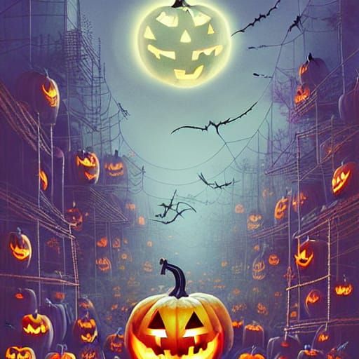 Halloween Pumpkin Forest Overruns Metropolis in Digital Art