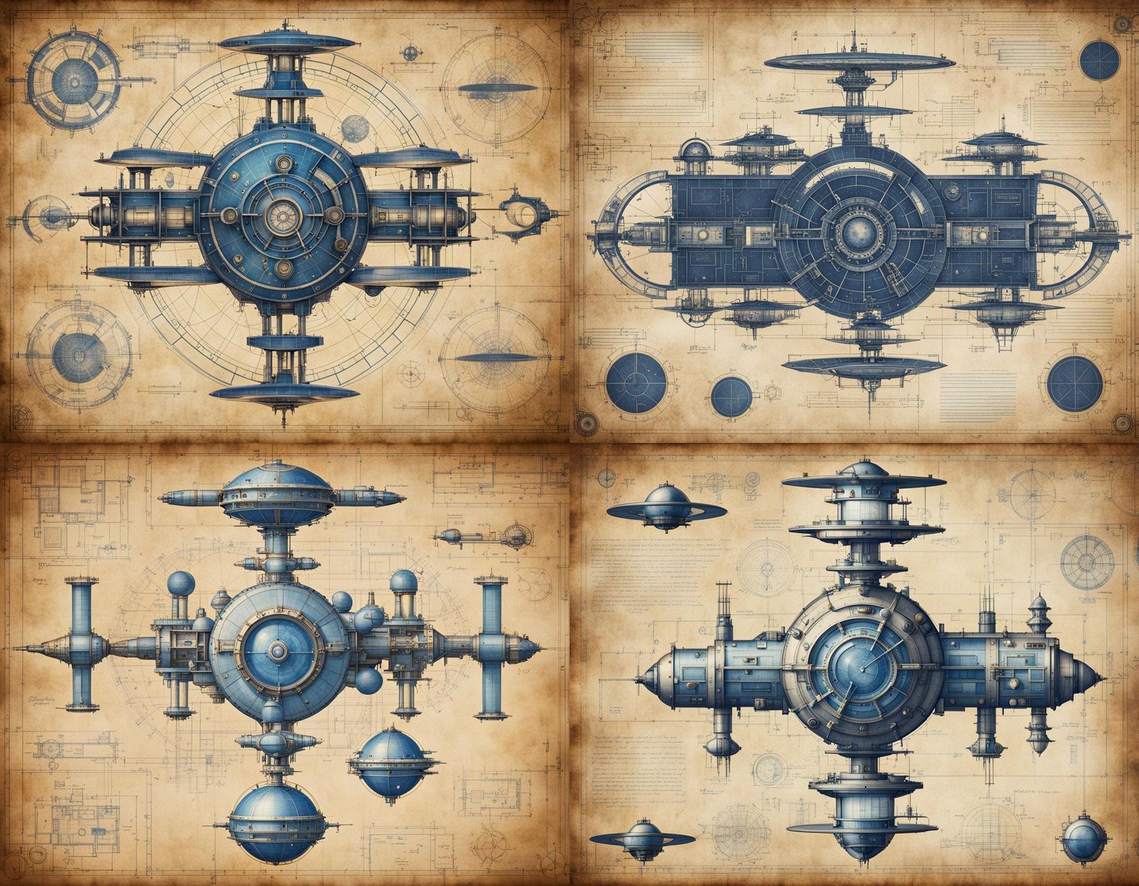 Retro Steampunk Space Station Blueprint on Parchment