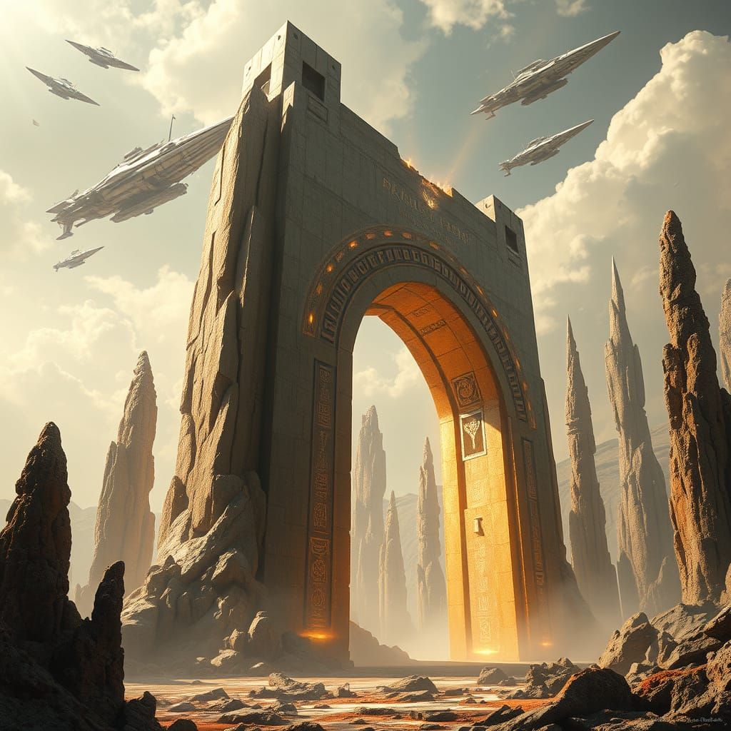 Ethereal Archway in Ancient Rakatan City Ruins, Golden Lumin...