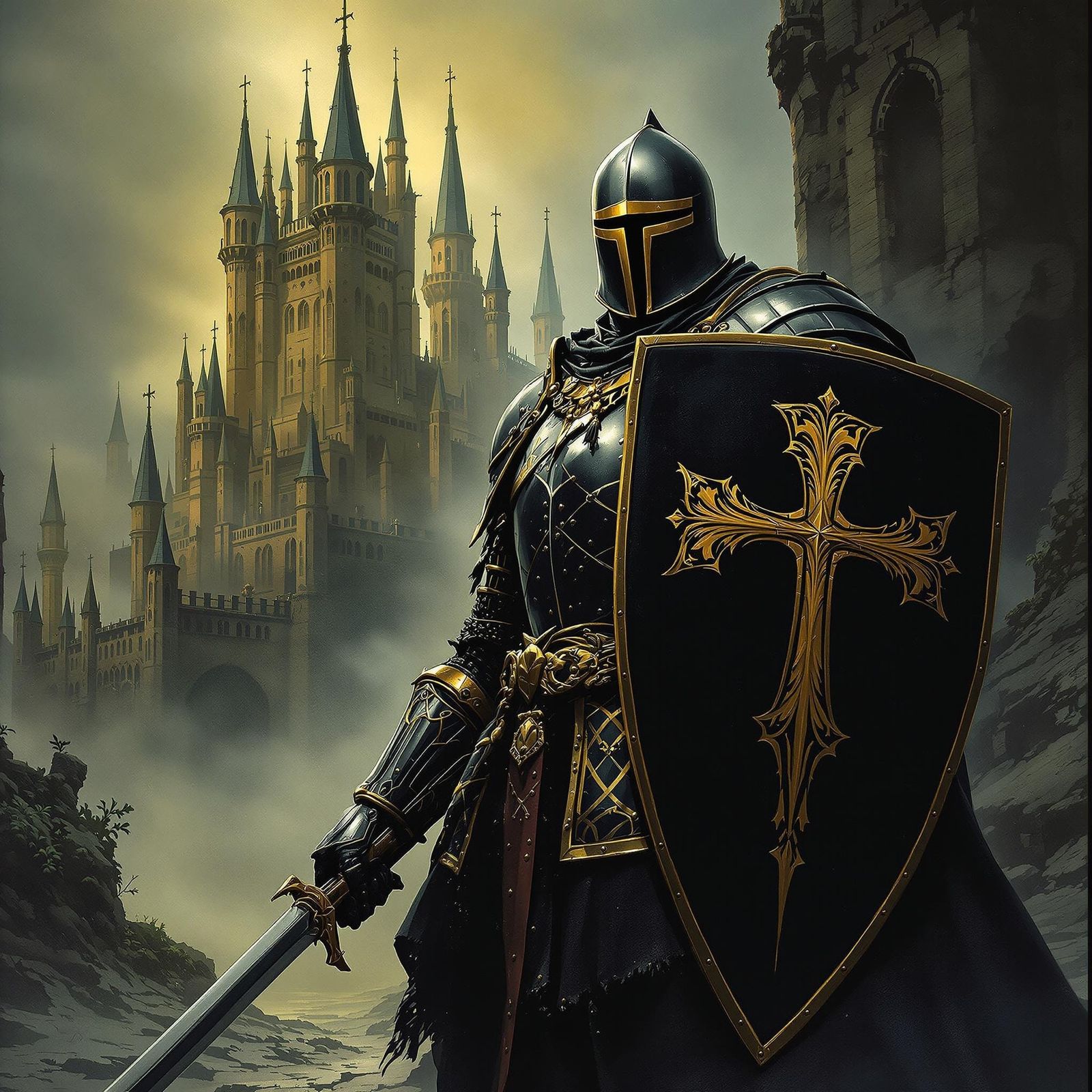 Medieval Knight in Black Armor with Golden Cross