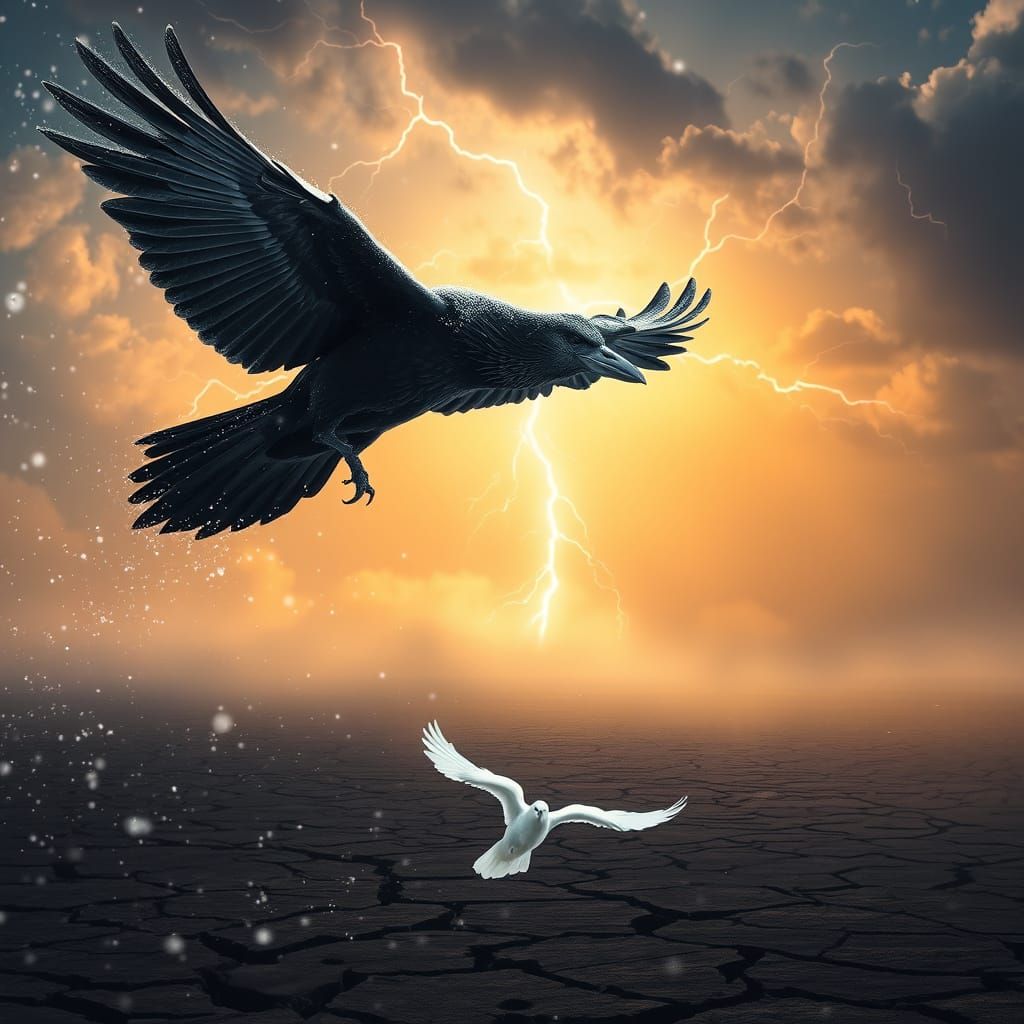 Raven Soaring Above Dove in a Snowstorm