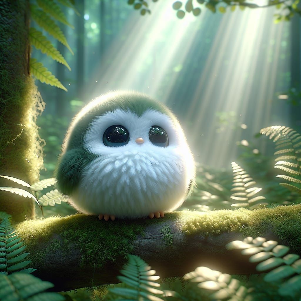 Adorable Fluffy Bird Perched on Mossy Branch