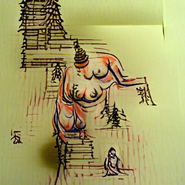 Woman in Shinto Shrine: Pen and Ink Art