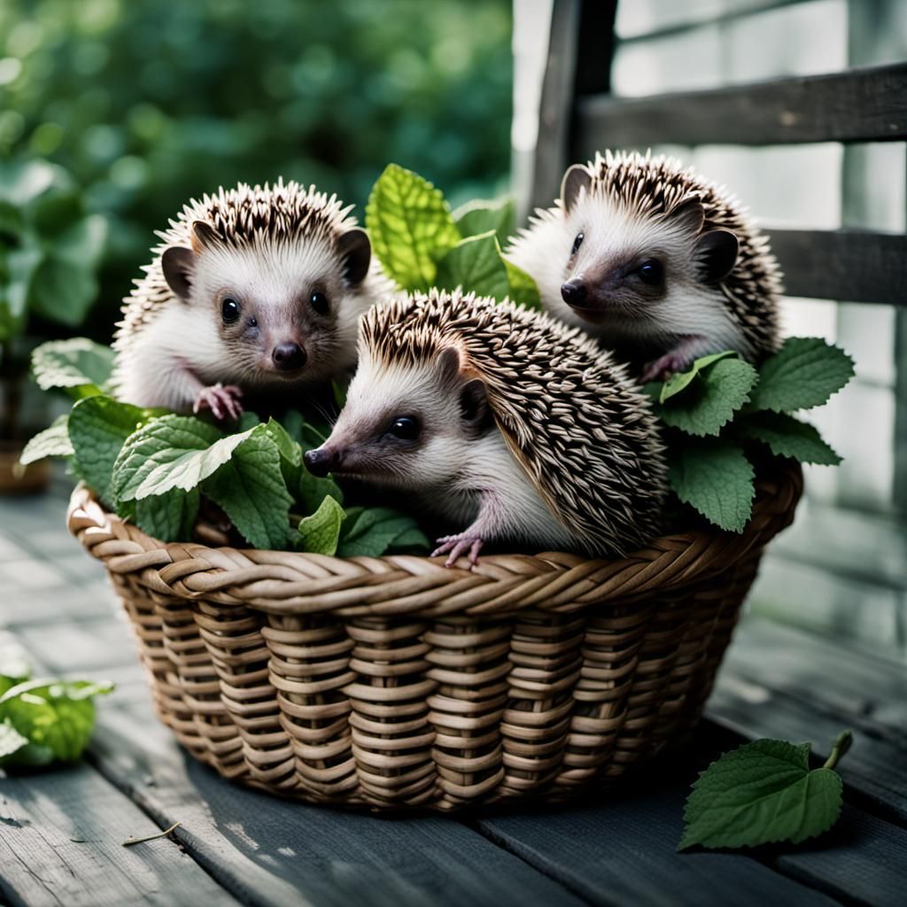 Kawaii Baby Hedgehogs in Basket: Photorealistic Film Still