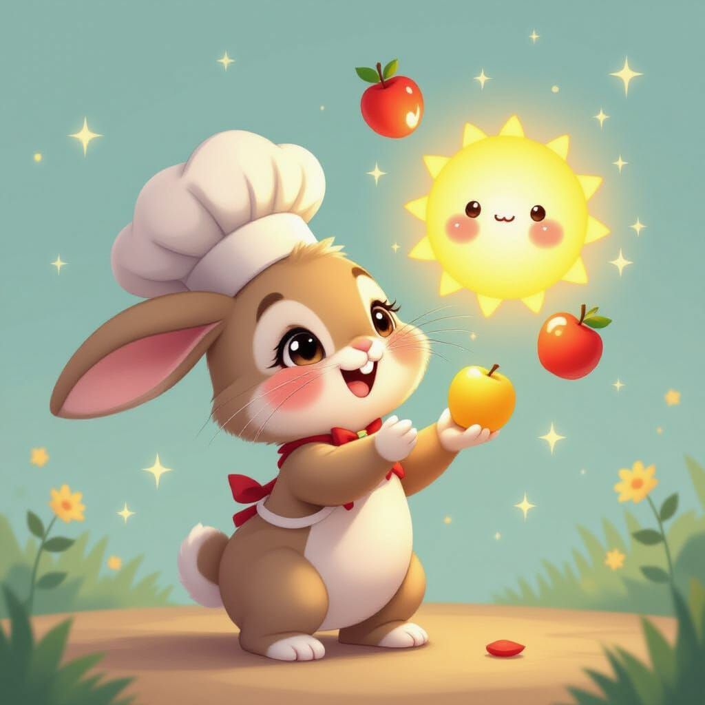 Kawaii Bunny Chef Juggling Glowing Sun Fruits