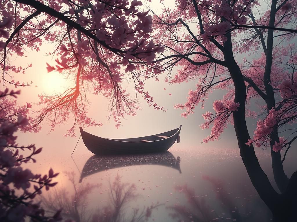 Mystical Boat Drifts in Cherry Blossom Forest