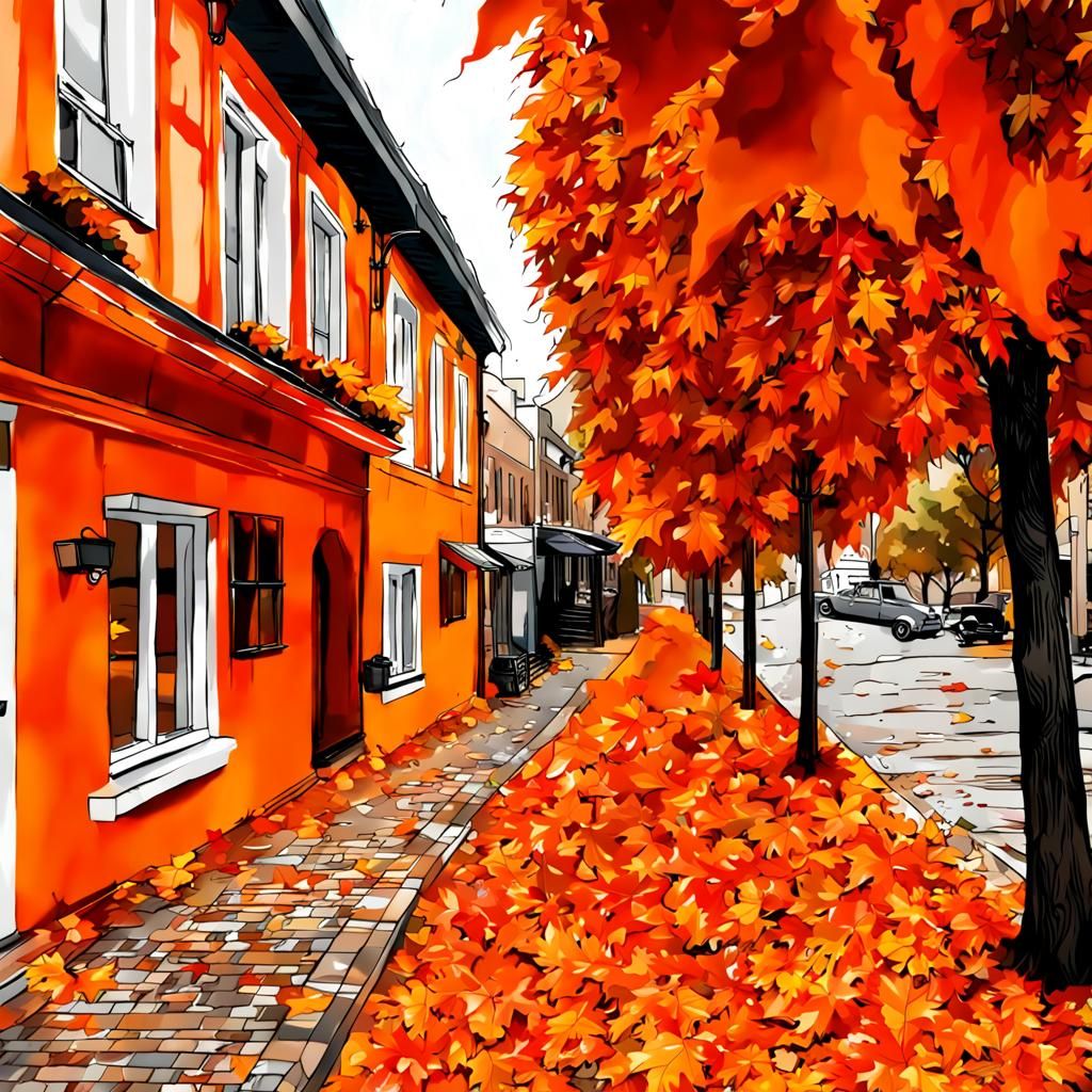 Orange Autumn Leaves in a Themed Town