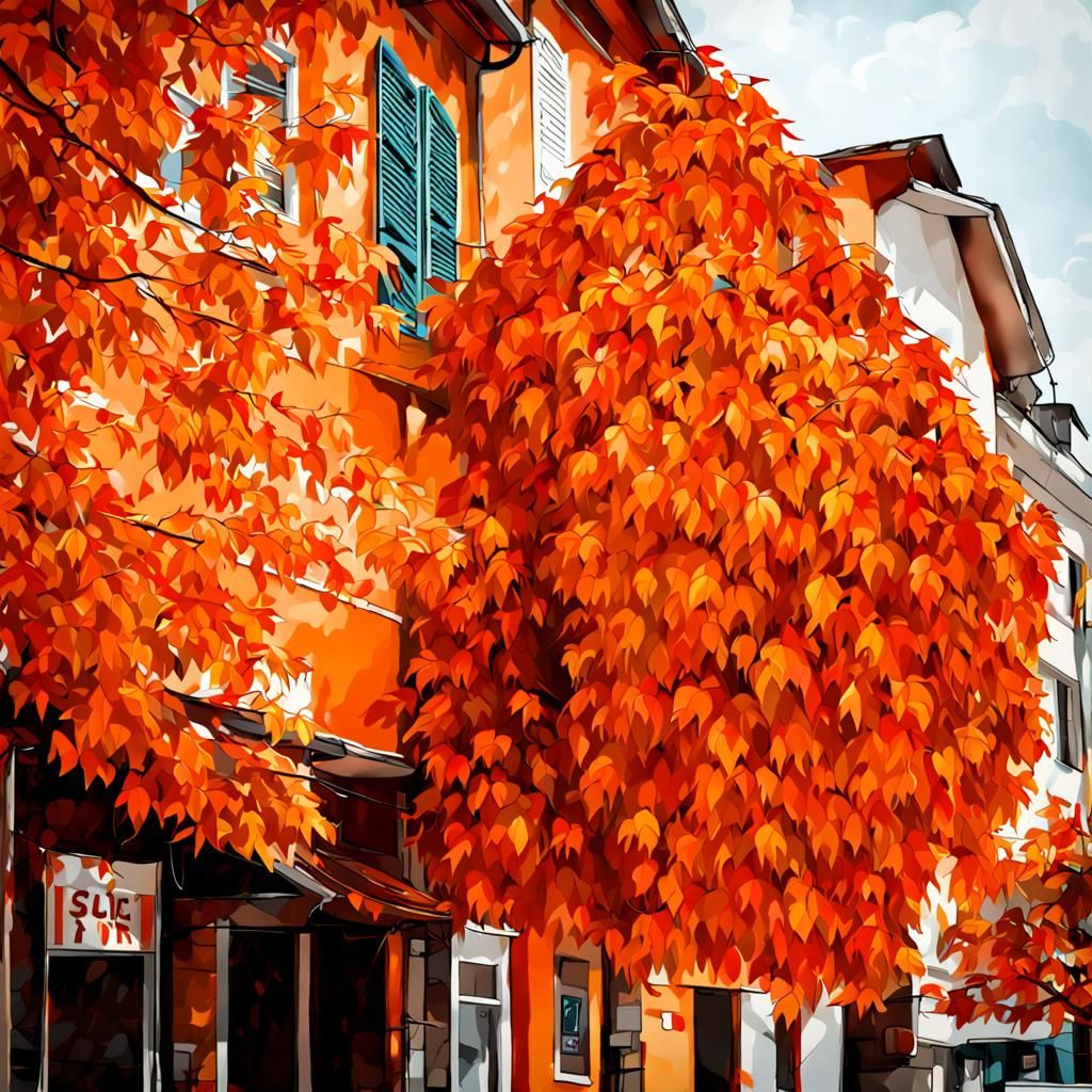 Orange Autumn Town with Vibrant Leaves