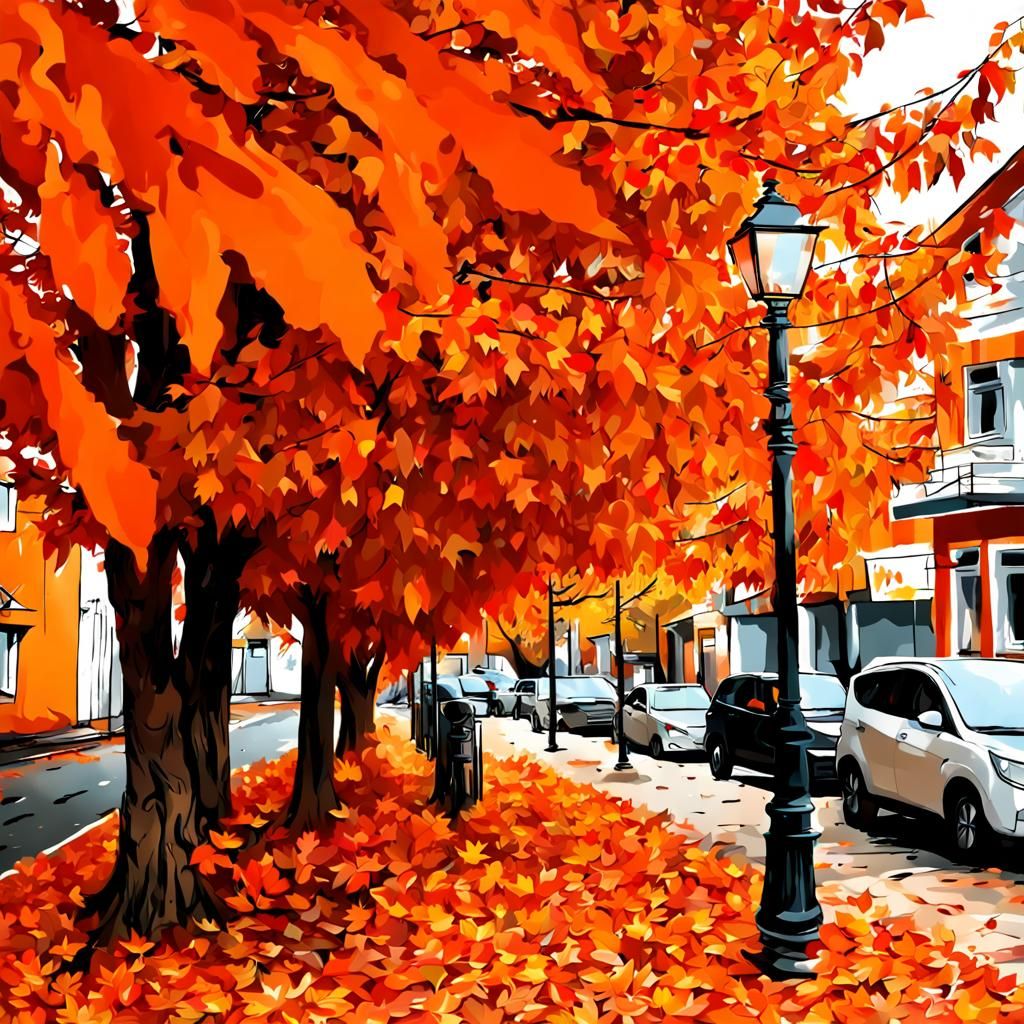 Orange Autumn Leaves in a Themed Town