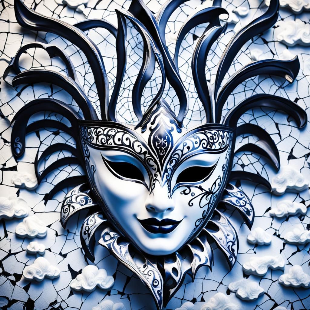 Eerie Broken Porcelain Mask with Paisley Swirls