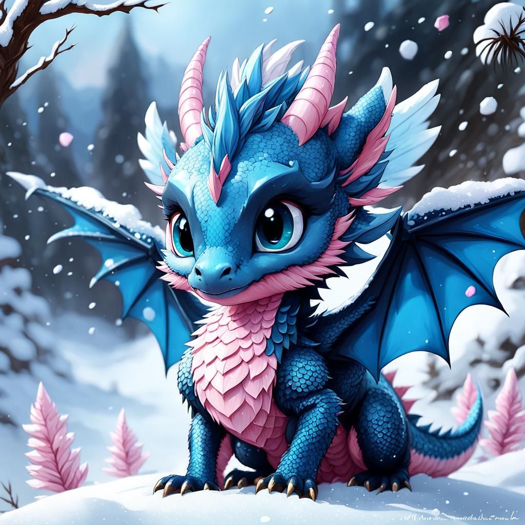 Chibi Dragon Playing in Snow, Digital Art