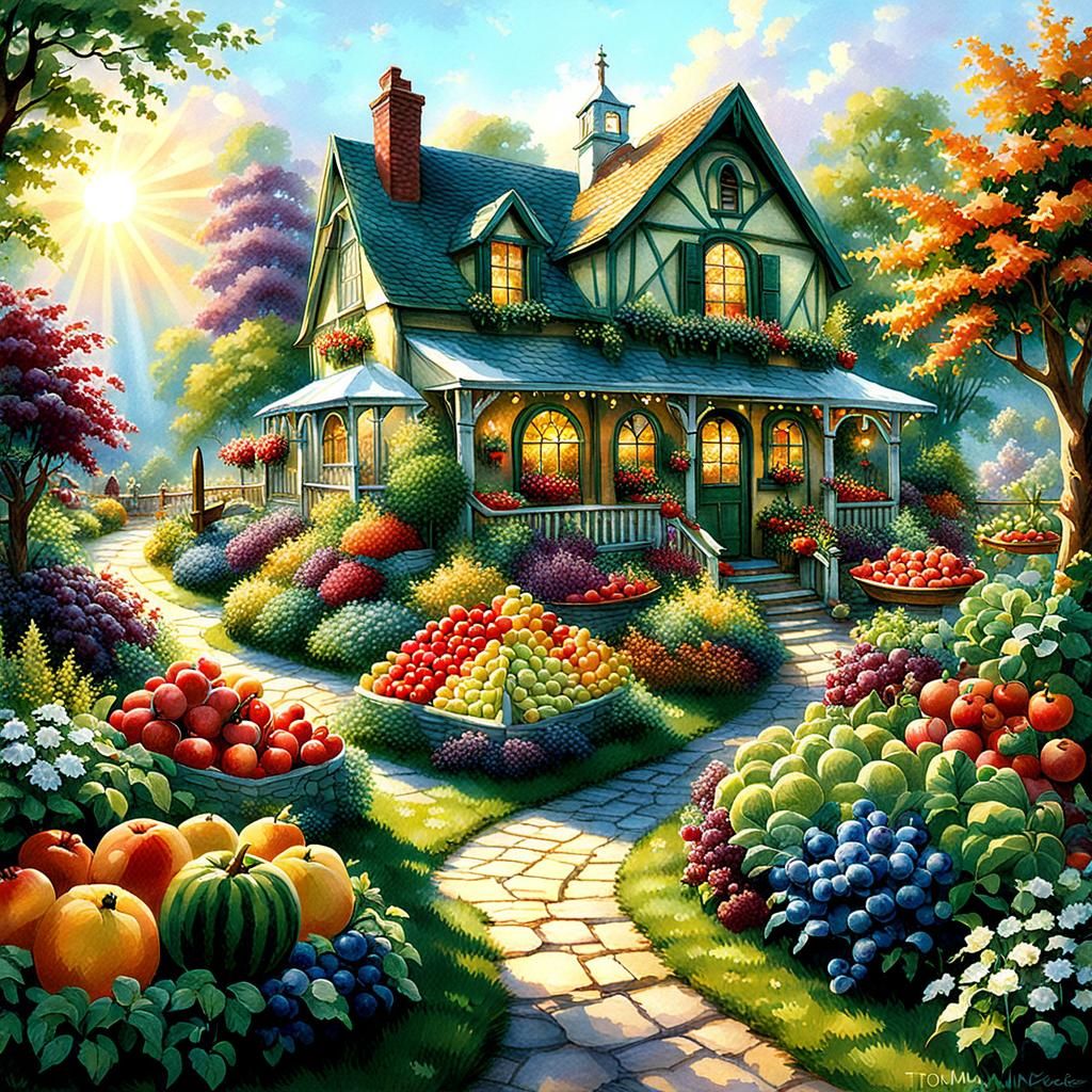 Sunlit Garden Abundance: A Thomas Kinkade-Inspired Vision