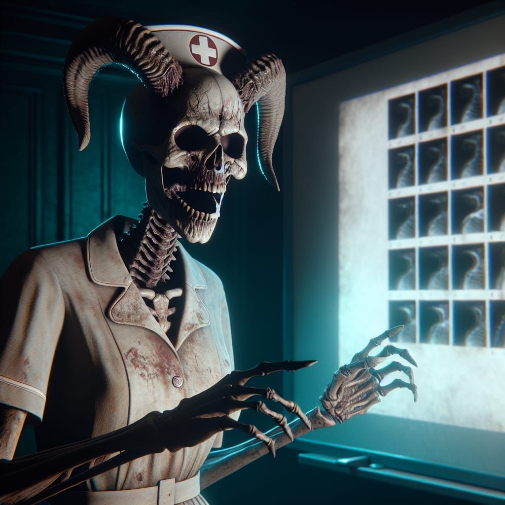Terrifying Skeletal Nurse in a Haunted Office