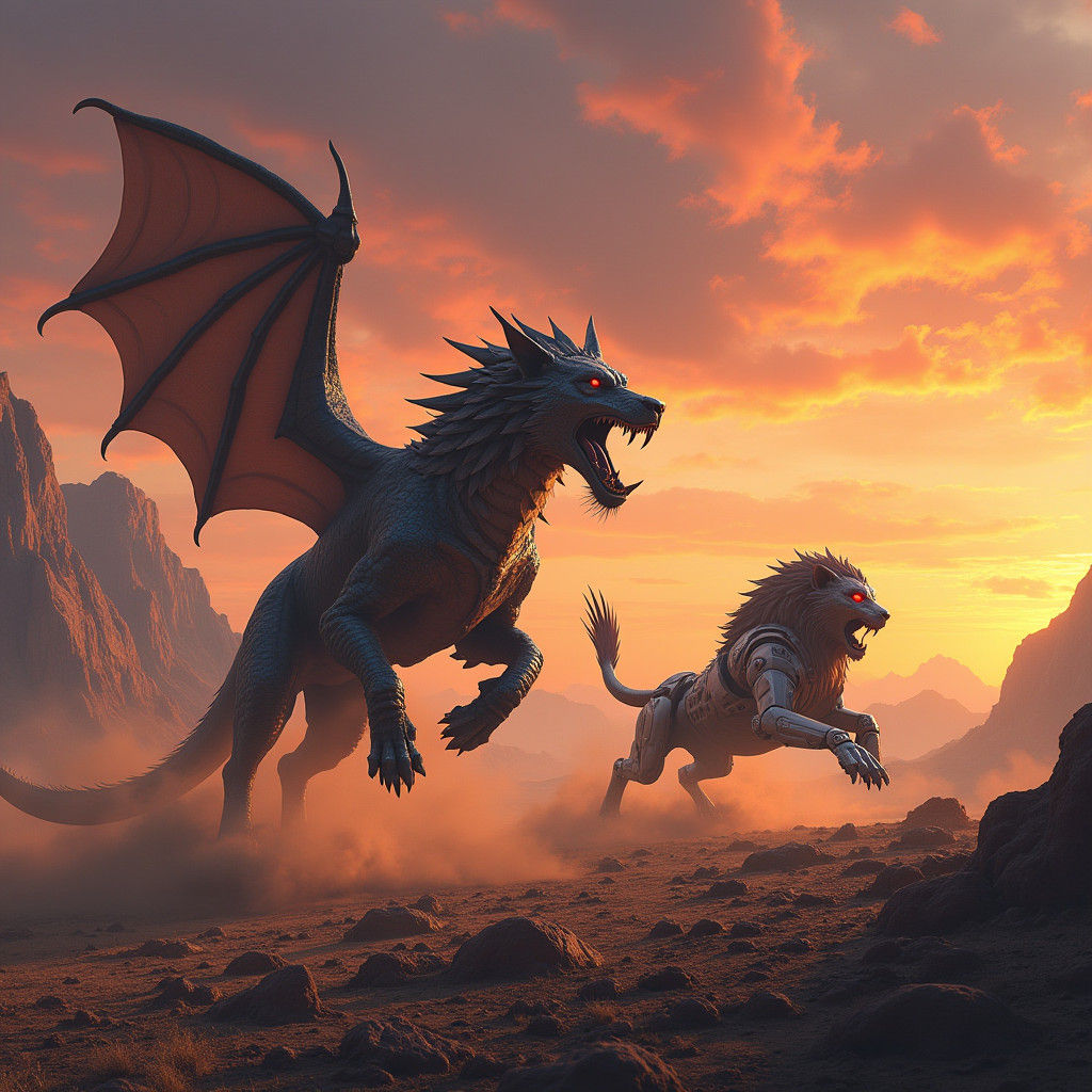 Dragonwolf vs Cyborg Lion Race at Sunset