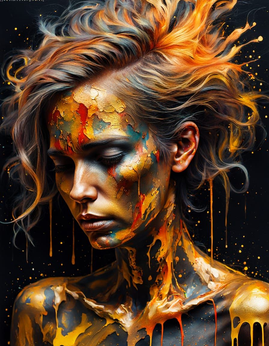 Expressionist Body Painting with Smoking Hair