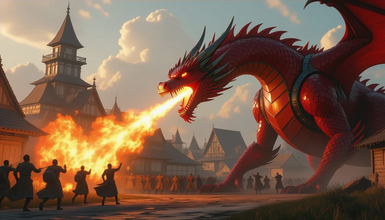 Metallic Red Dragon Engulfs Village in Sci-Fi Firestorm