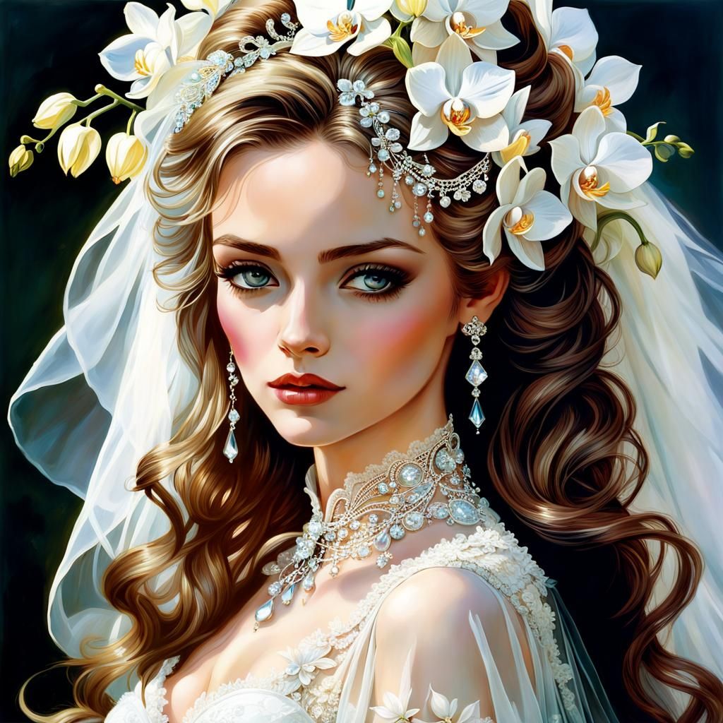 Ornate Bride with Orchids in Anime Style