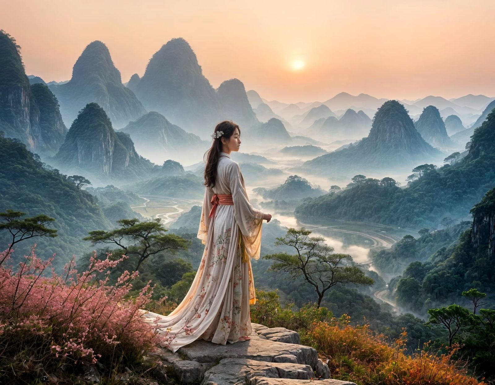 Surreal Guangxi Watercolor Landscape with Contemplative Figu...