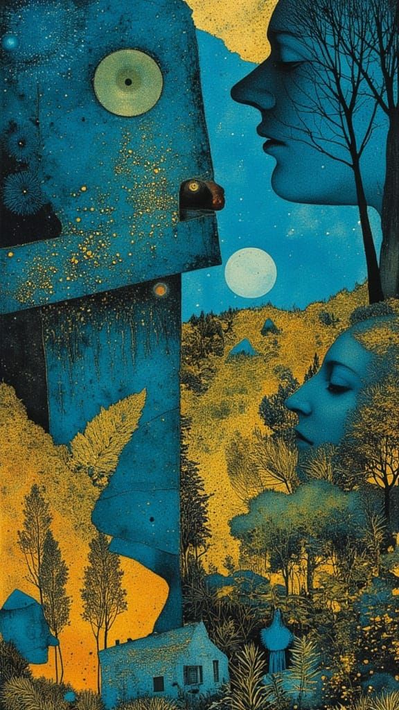 Whimsical Gothic Scene in Vibrant Blues and Gold