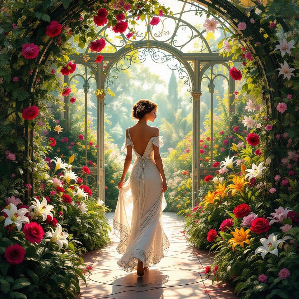 Art Nouveau Elara Amidst Enchanted Blossoms