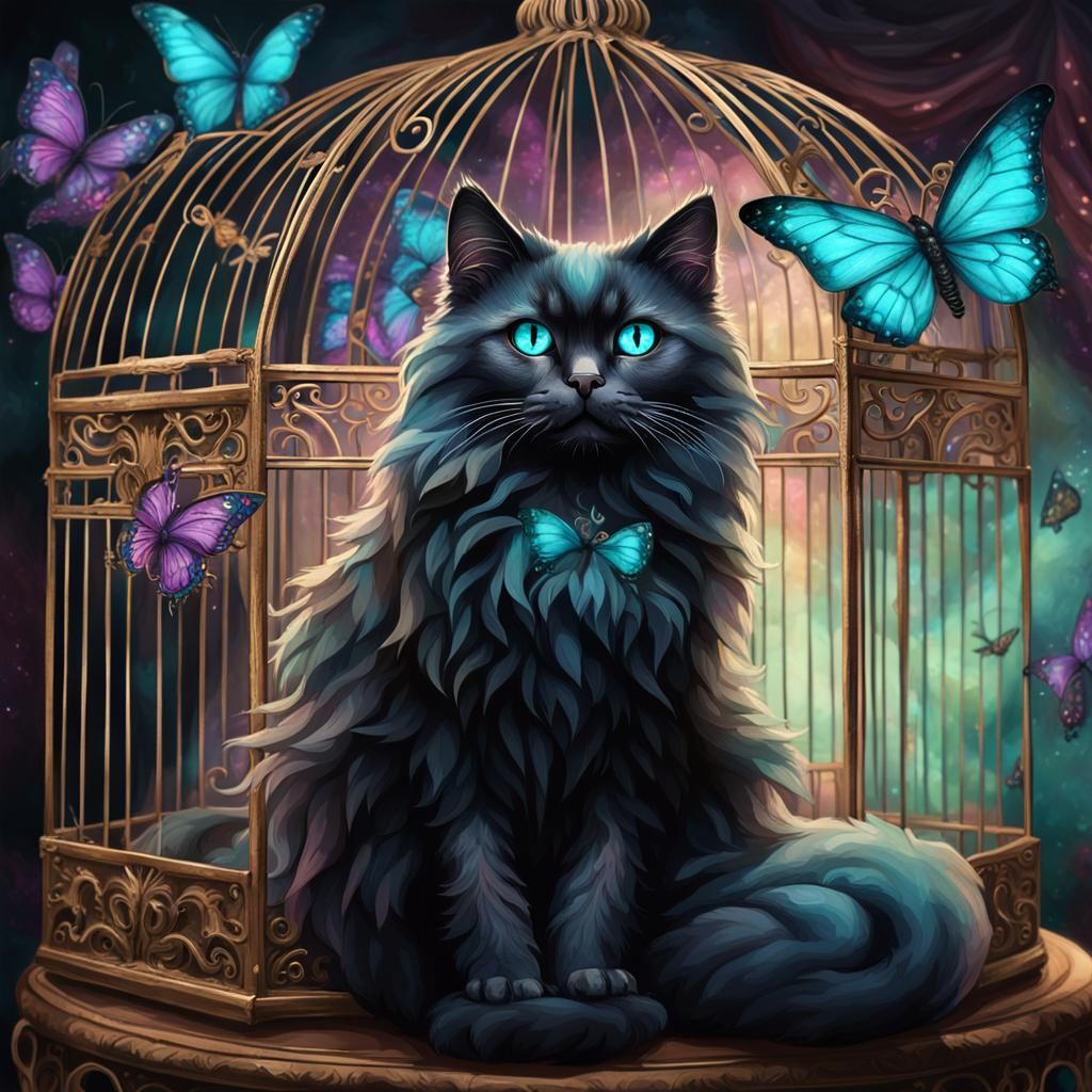 Gothic Cat with Butterflies in Burton-esque Style