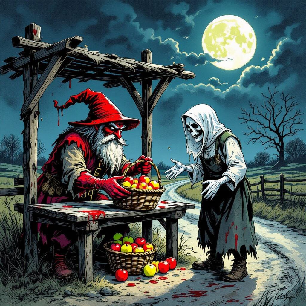 Mischievous Redcap Haggle at Moonlit Stall