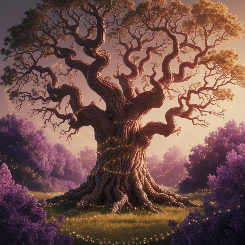 Ethereal Oak Tree Reigns in a Vibrant Enchanted Forest