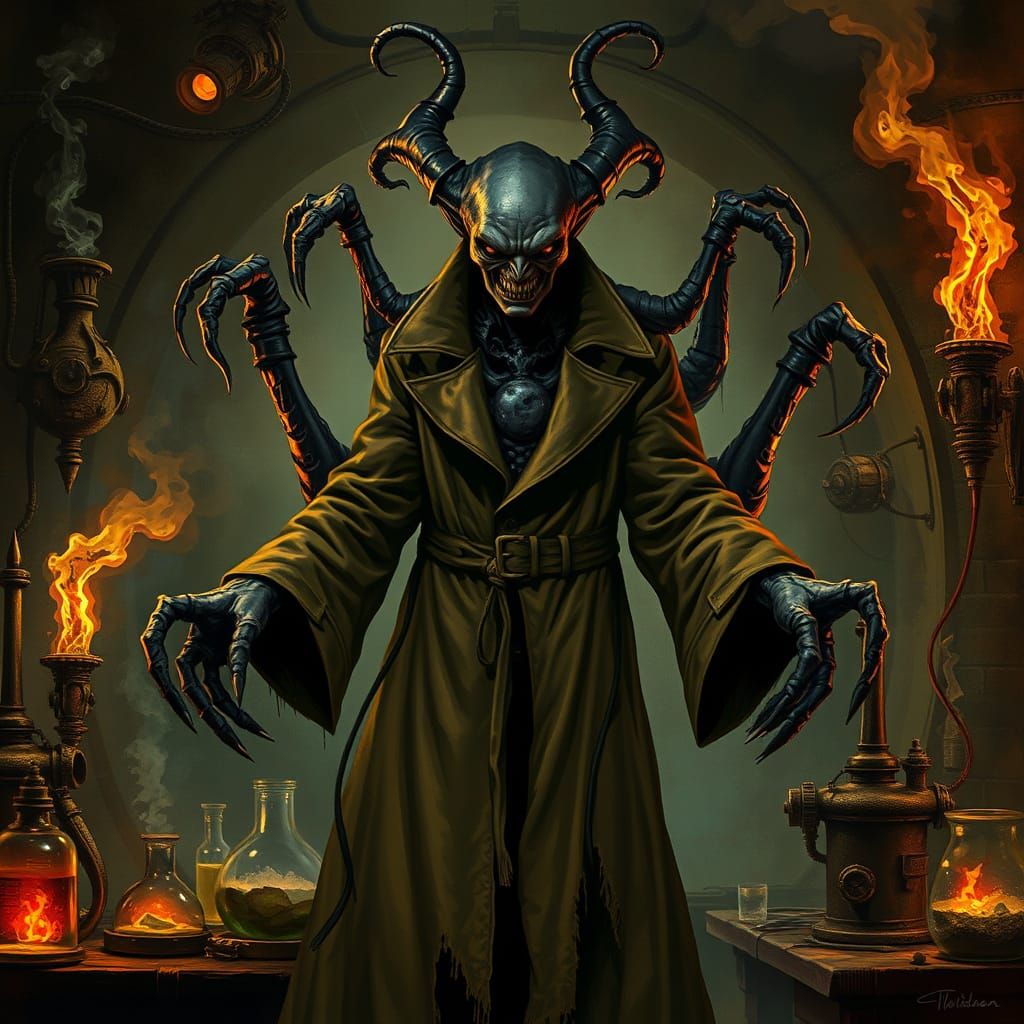 Alien Alchemist in Dark Fantasy Laboratory