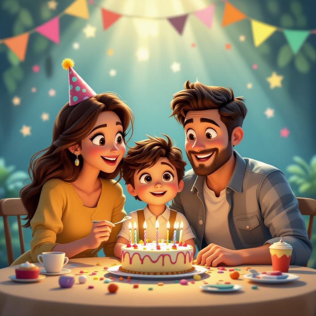 Joyful Family Birthday Party in Future Pixar Style