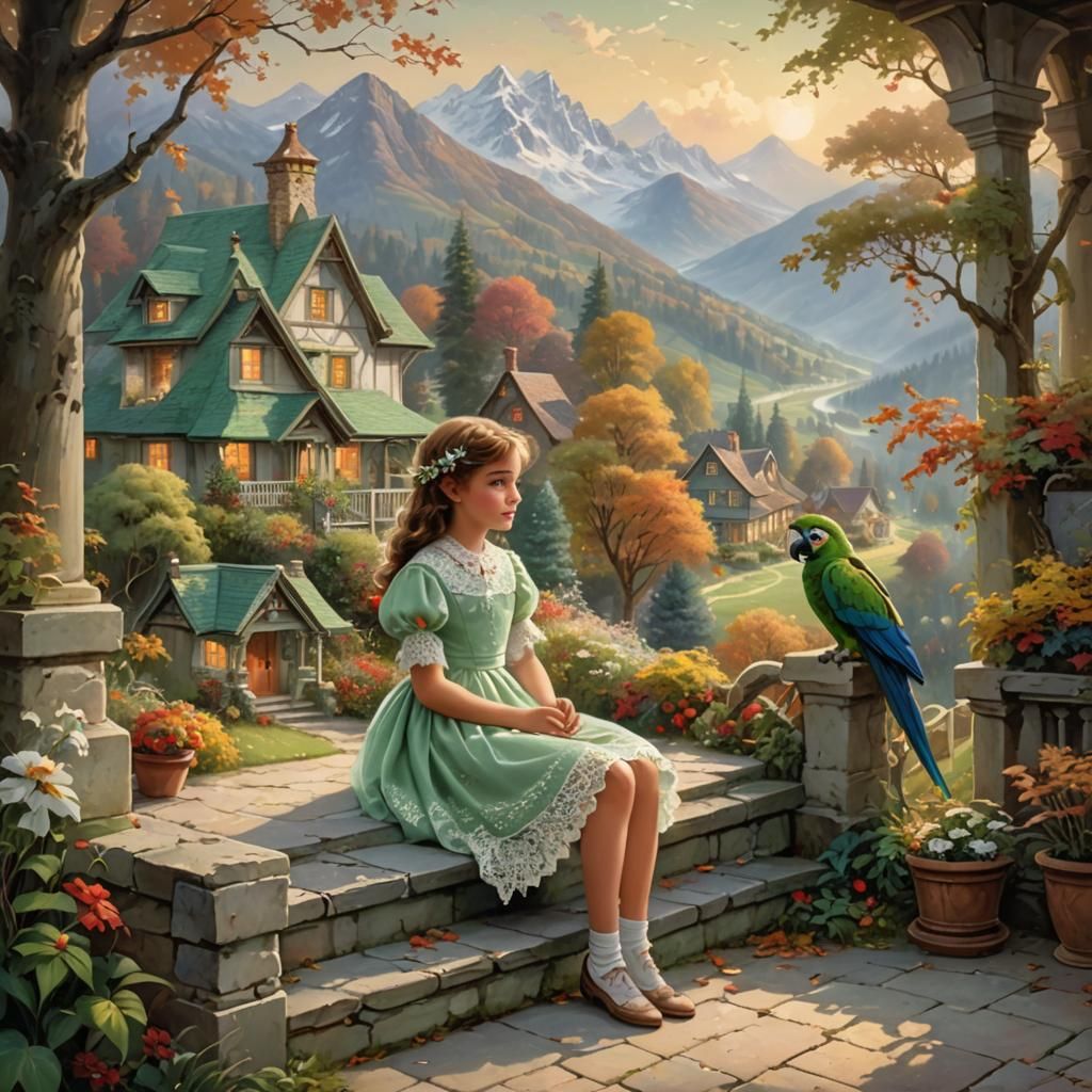 Girl with Parrot in Ethereal Autumn Landscape