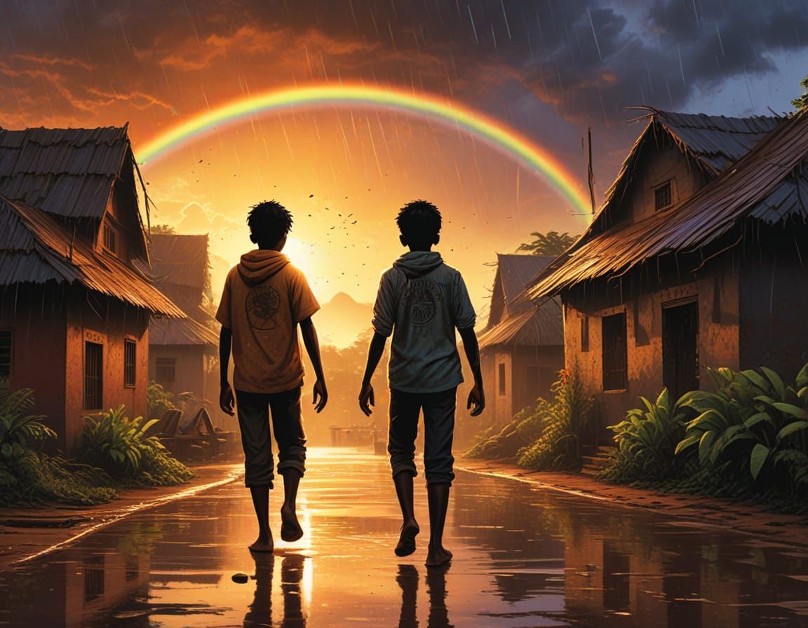 Tamil Boys Play in Rainy Sunset Village Scene