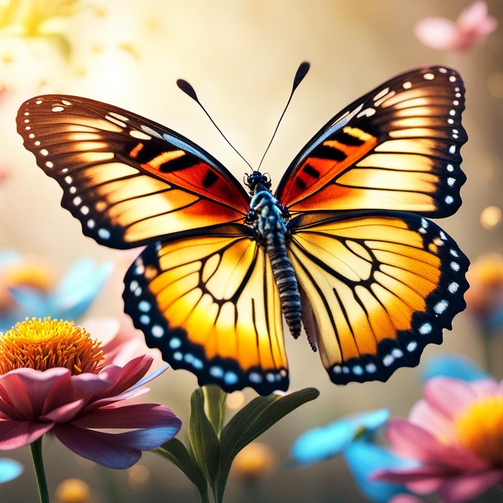 Hyperrealistic Butterfly on Flower in Digital Art