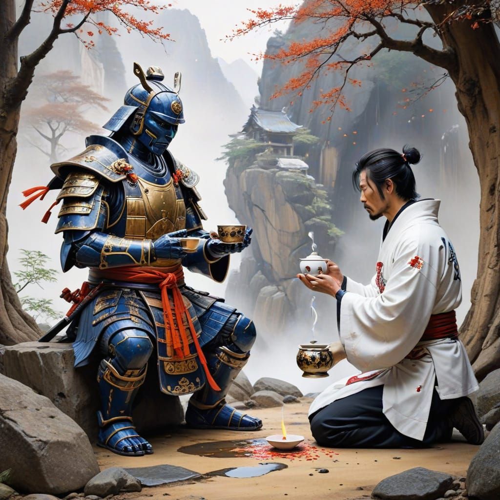 Samurai and Robot Share Tea in Japanese Mountain Shrine