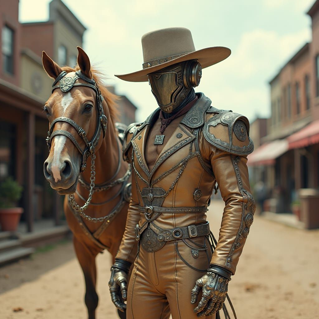 Futuristic Cyborg Cowboy in Western Town