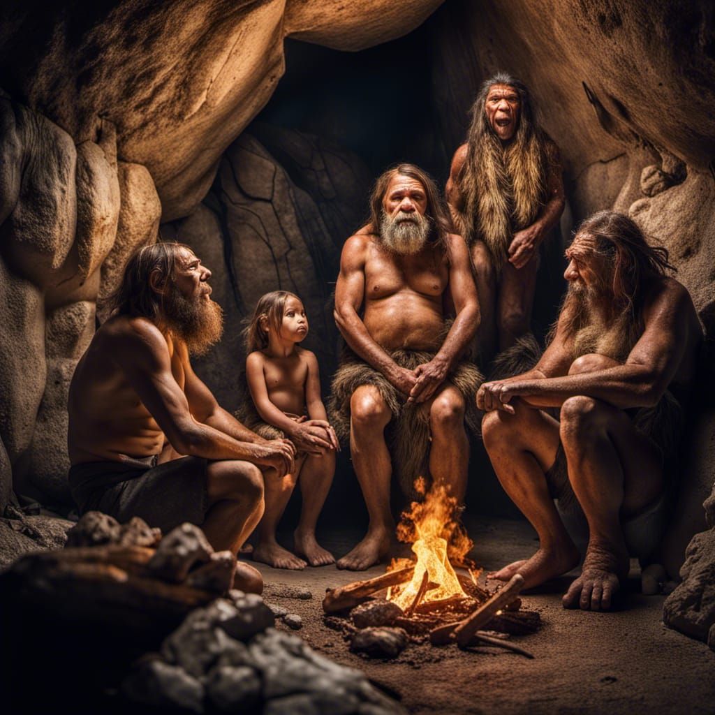 Neanderthal Family in Cave with Prehistoric Art