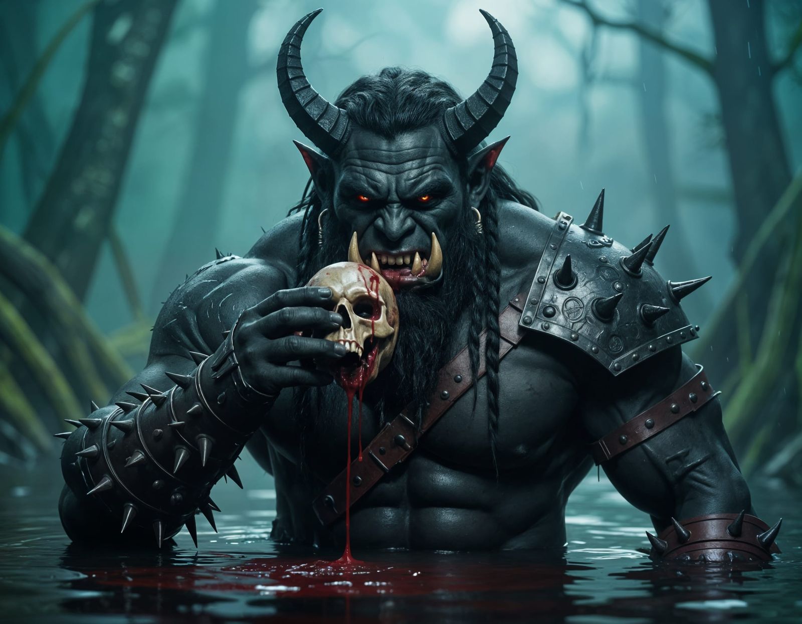 Demonic Orc Warrior Drinks Blood in Misty Swamp